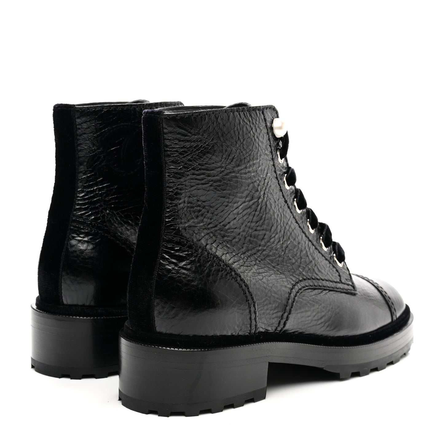 Shiny Calfskin Velvet Pearl Combat Short Boots 37.5 Black