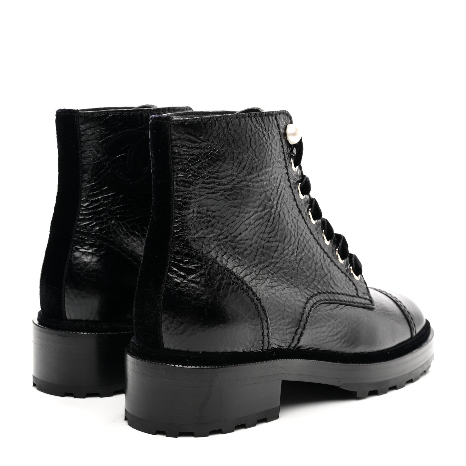 Chanel Shiny Calfskin Velvet Pearl Combat Short Boots 37.5 Black 4 of 10