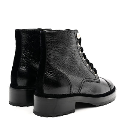 Chanel Shiny Calfskin Velvet Pearl Combat Short Boots 37.5 Black 4 of 10