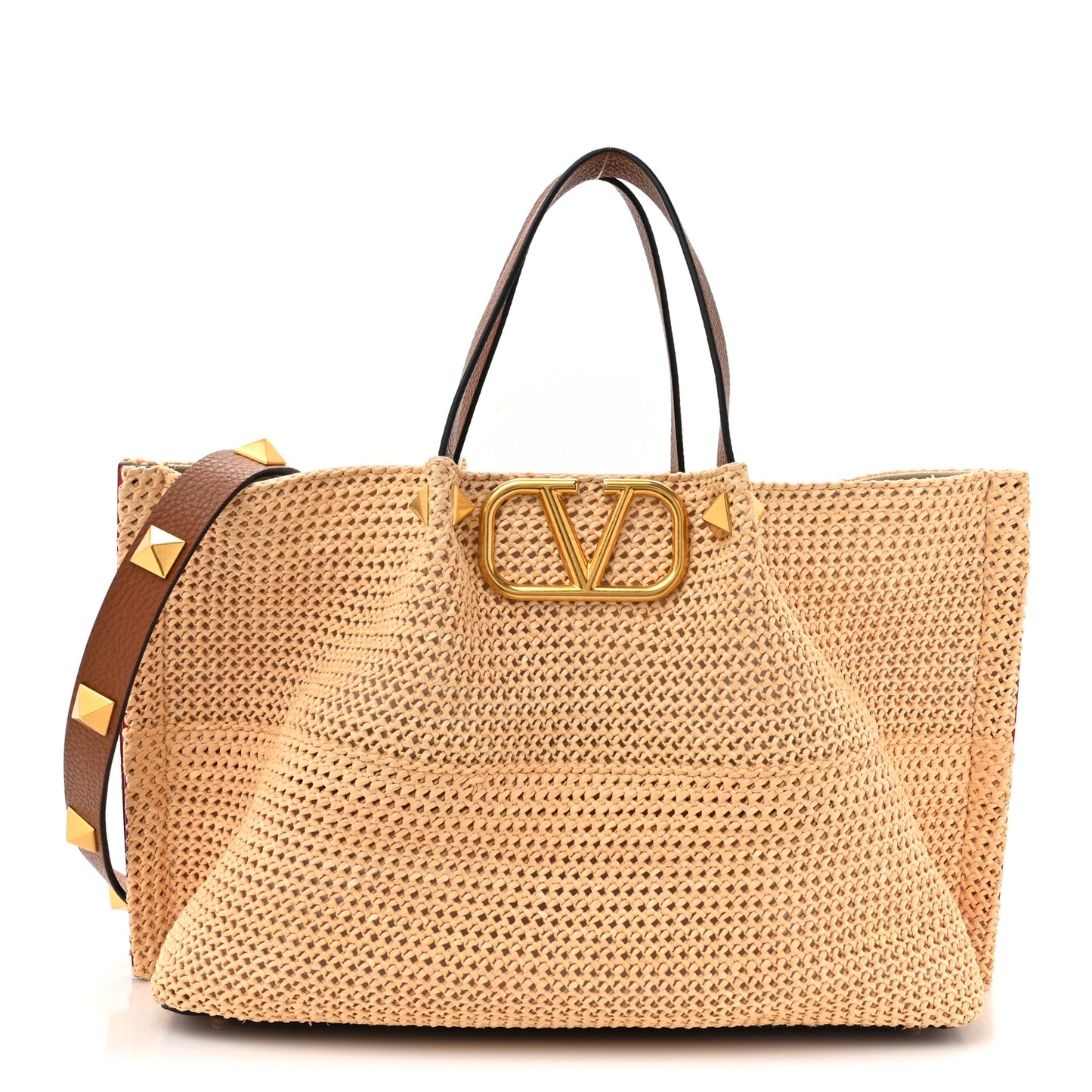 Raffia Grained Calfskin Medium Rockstud Vlogo Tote Naturale