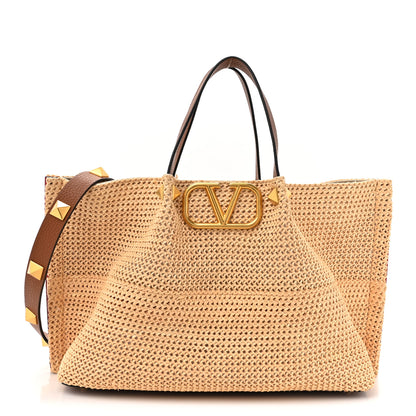 Valentino Garavani Raffia Grained Calfskin Medium Rockstud Vlogo Tote Naturale 1 of 15