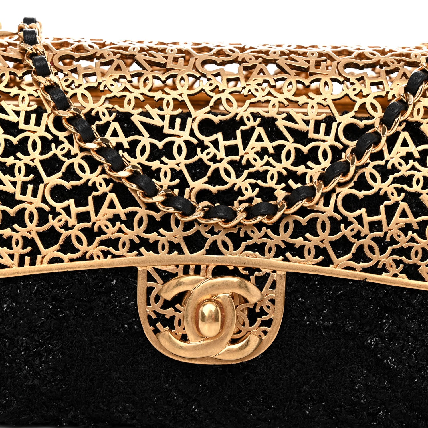 Chanel Metal Tweed Logo CC Minaudiere Flap Bag Black Gold 8 of 10