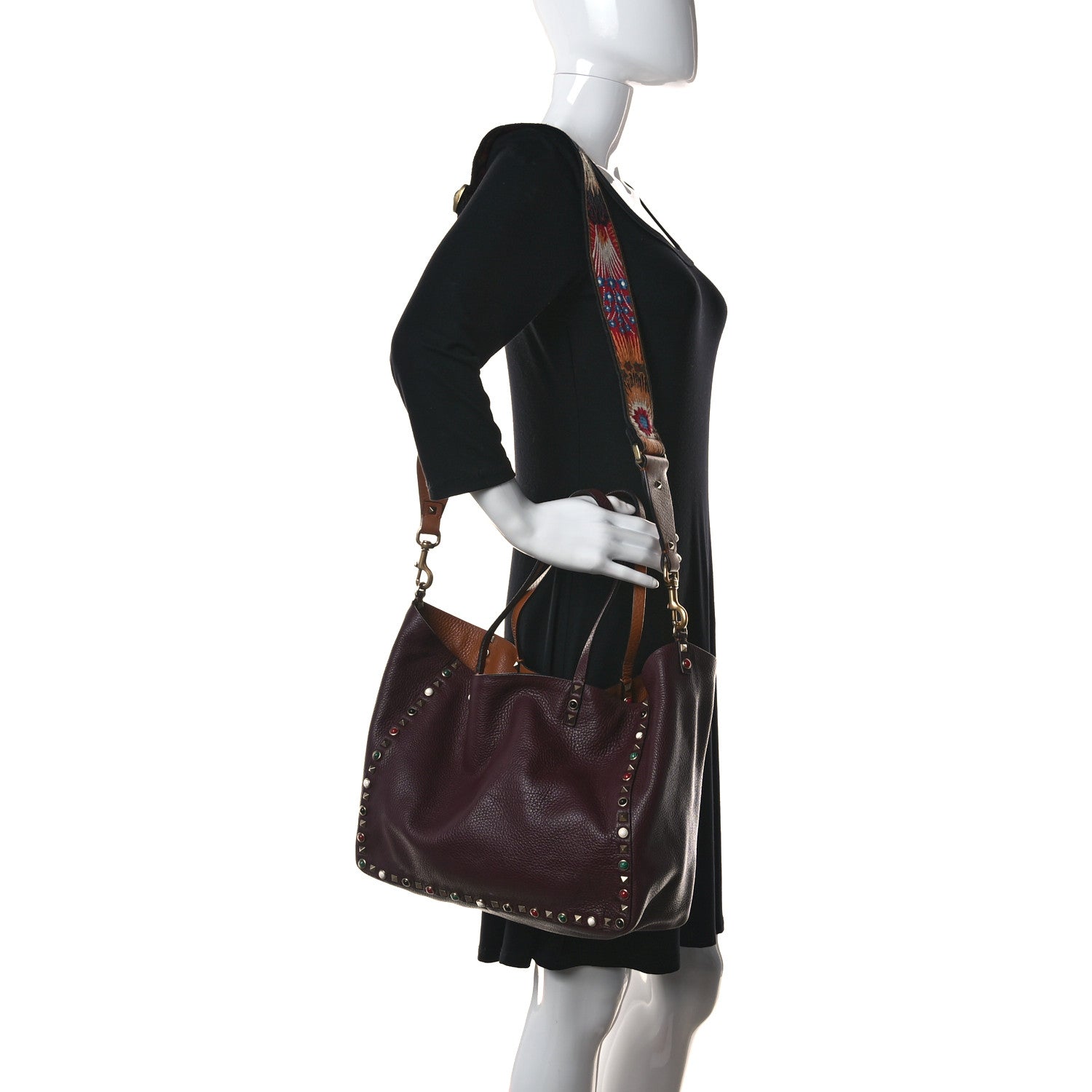 Valentino Garavani Stampa Alce Calfskin Medium Guitar Strap Rockstud Rolling Reversible Tote Light Cuir Rubin 2 of 29