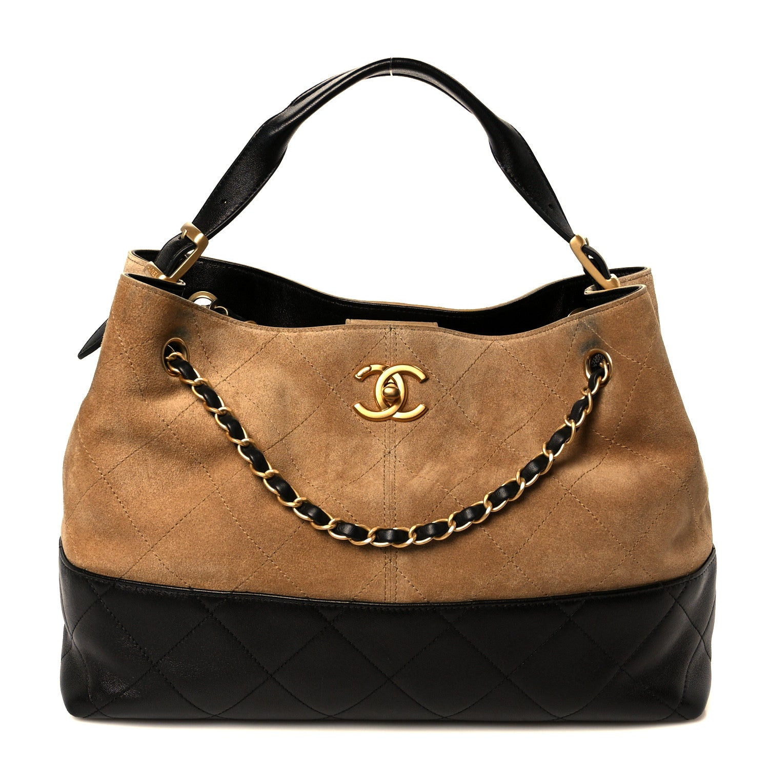 Chanel Suede Calfskin Shiny Lambskin Quilted Small Coco Base Shopping Bag Beige Black 1 of 11