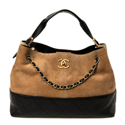 Chanel Suede Calfskin Shiny Lambskin Quilted Small Coco Base Shopping Bag Beige Black 1 of 11