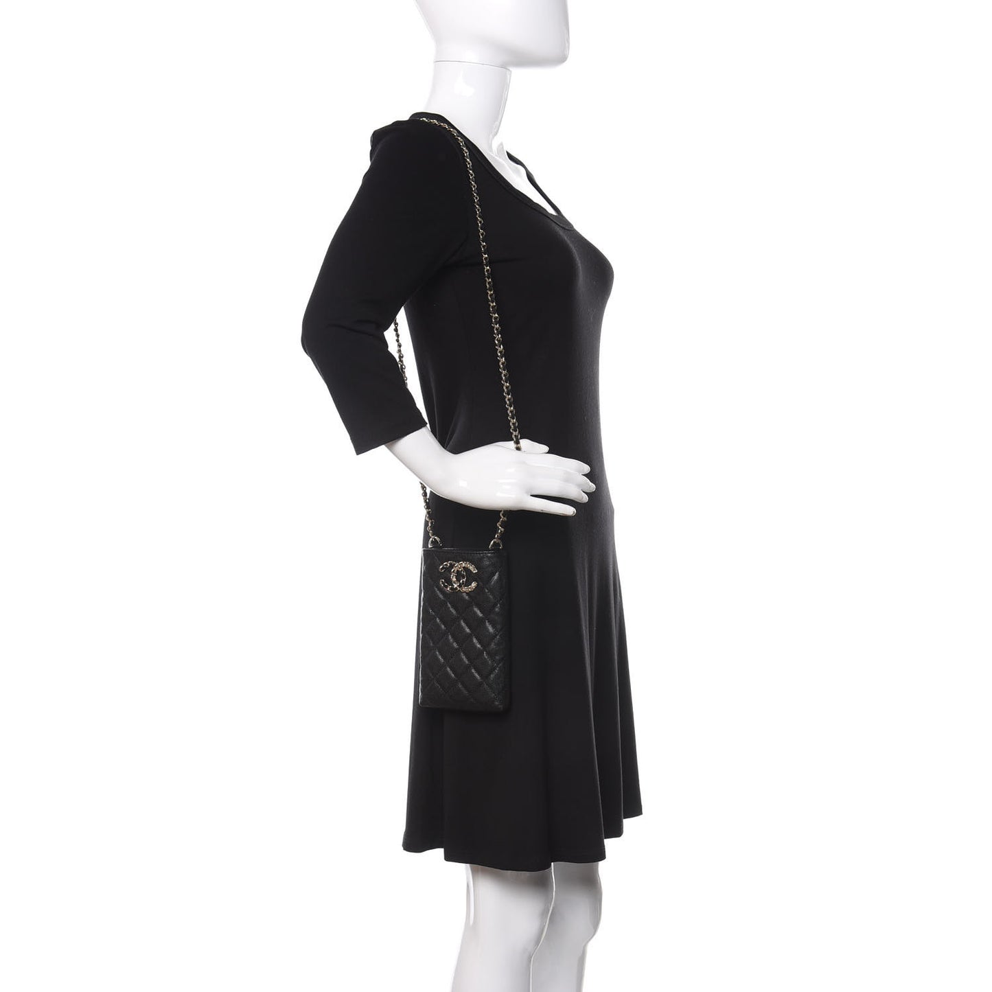 Caviar Quilted French New Wave Phone Holder With Chain Black