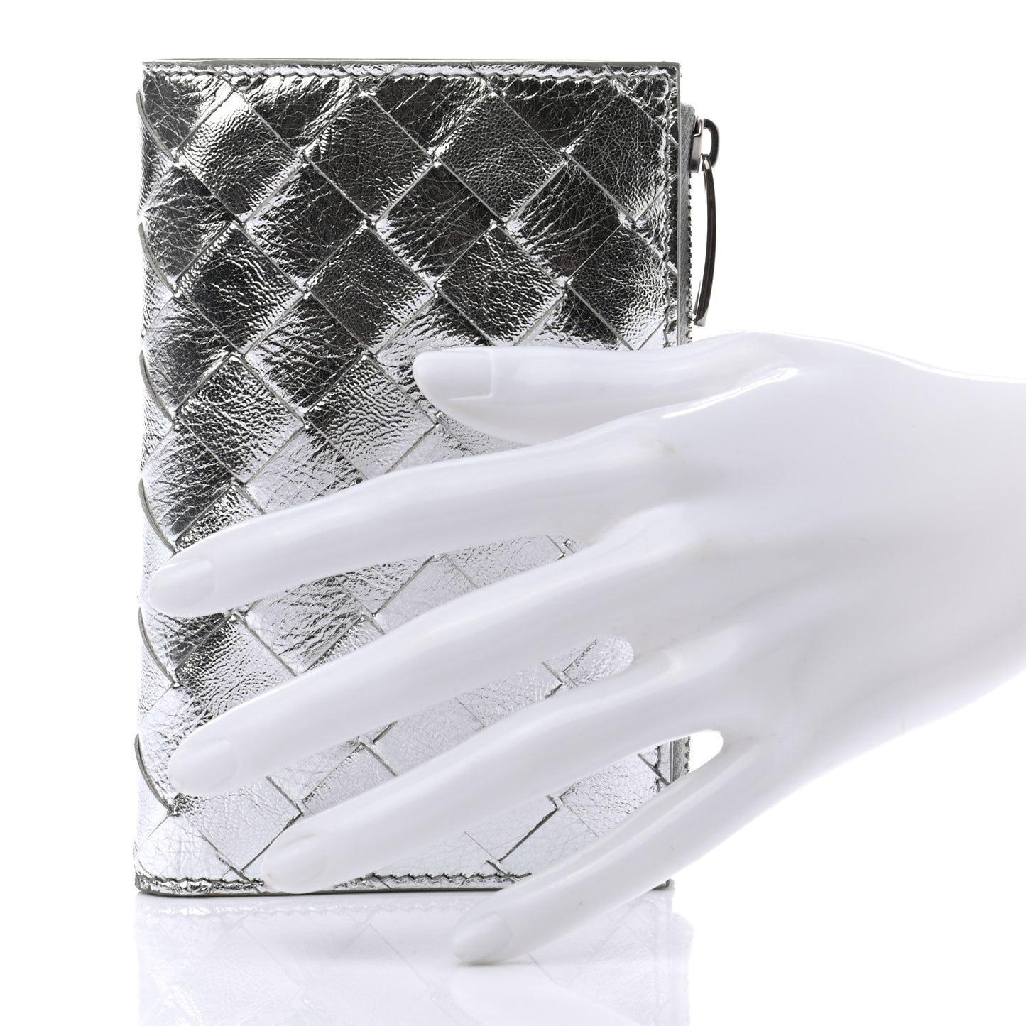 Metallic Calfskin Intrecciato Wallet Silver