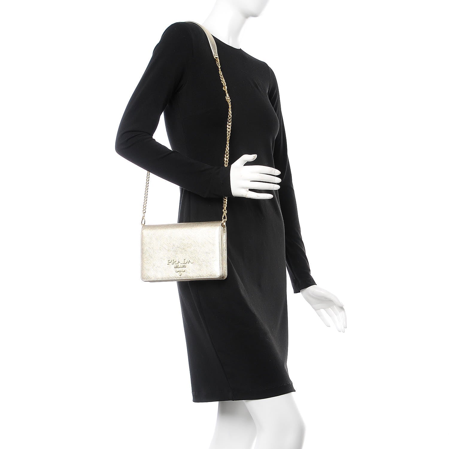 Prada Metallic Saffiano Lux Chain Wallet Pirite 2 of 6