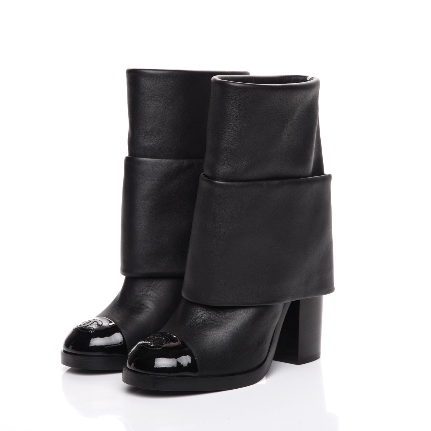 Calfskin CC Cap Toe Fold Over Boots 35.5 Black
