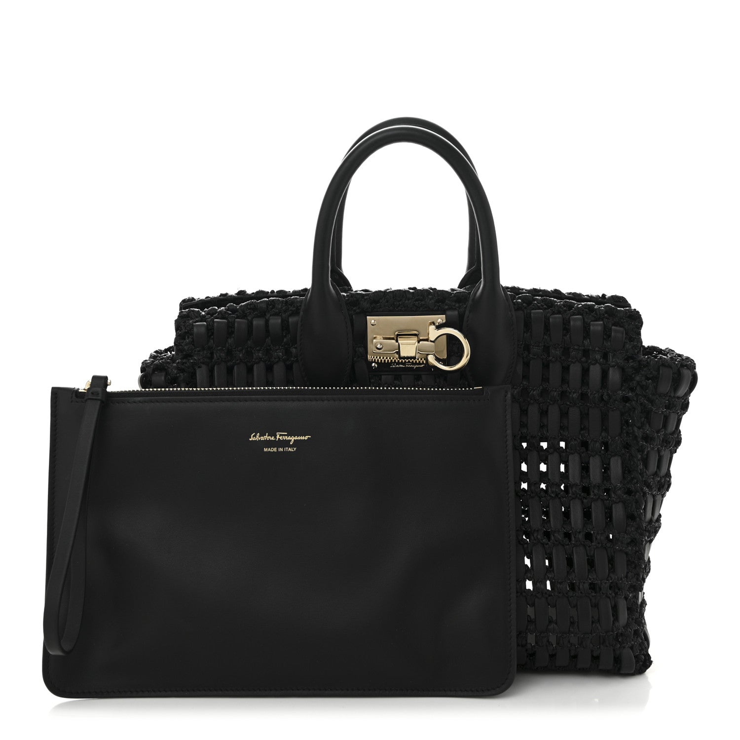 Salvatore Ferragamo Raffia Calfskin The Studio Box Tote Black