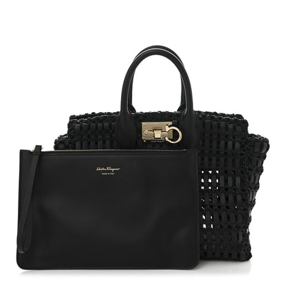 Salvatore Ferragamo Raffia Calfskin The Studio Box Tote Black 3 of 12