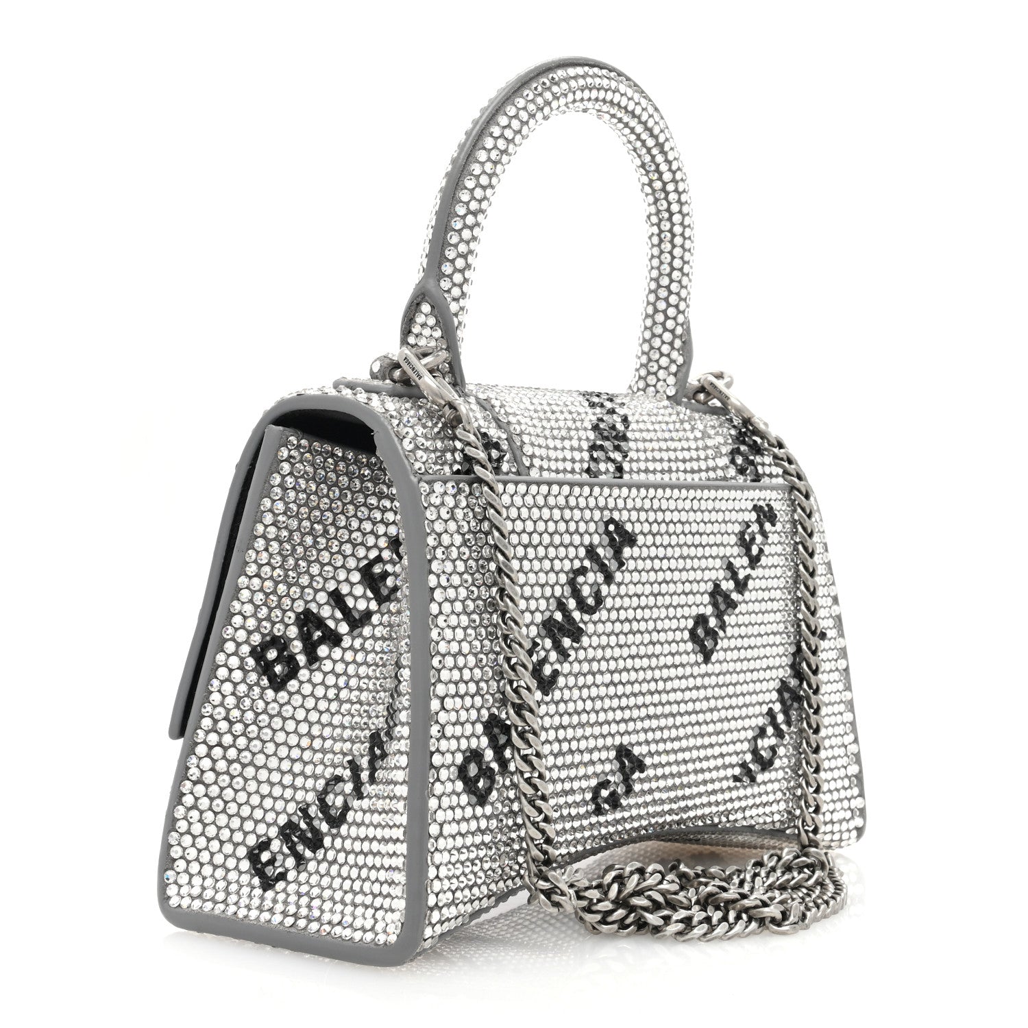 Balenciaga Strass Suede Allover Logo Hourglass Top Handle Bag XS with Chain Silver Black 3 of 9