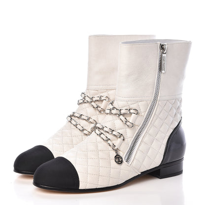 Chanel Lambskin Grosgrain Quilted Cap Toe Chain Boots 37.5 White Black 3 of 11
