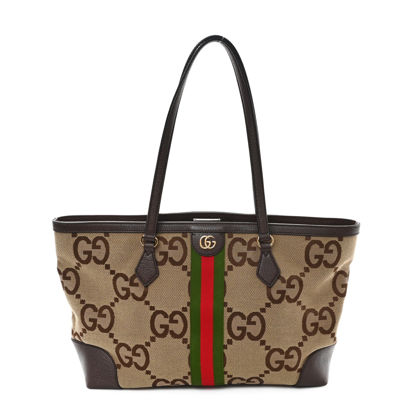 Monogram Jumbo GG Textured Dollar Calfskin Web Medium Ophidia Shopping Tote Camel Ebony