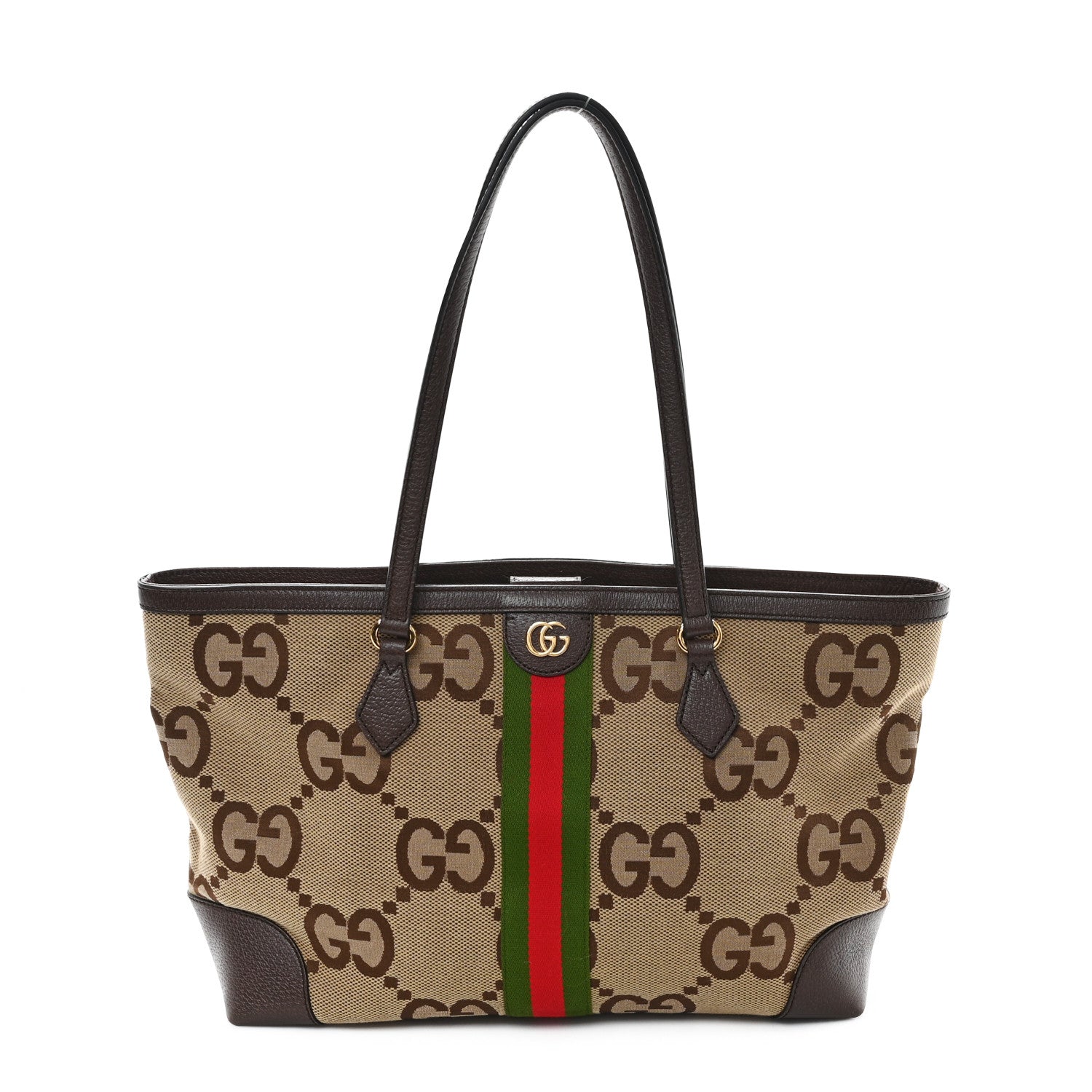 Gucci Monogram Jumbo GG Textured Dollar Calfskin Web Medium Ophidia Shopping Tote Camel Ebony 1 of 10