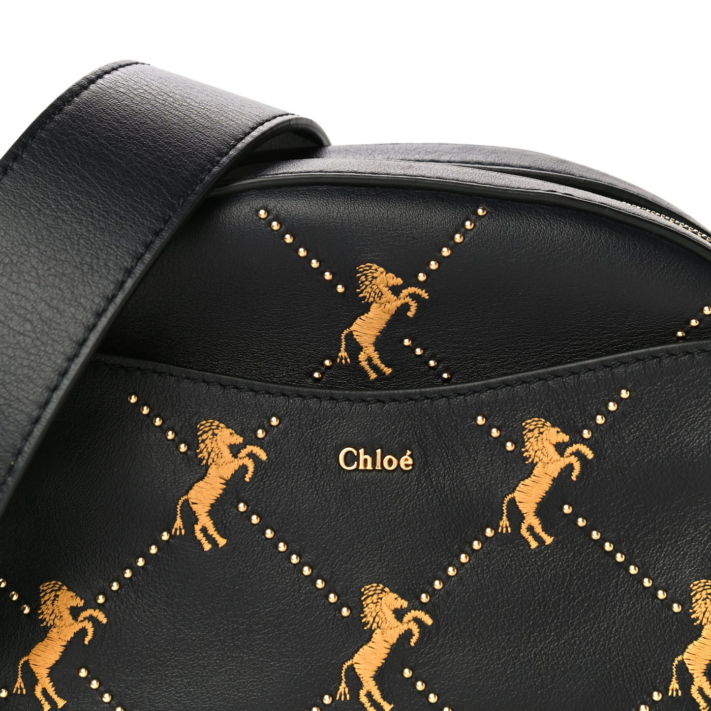 Smooth Calfskin Little Horses Embroidered Shoulder Bag Black