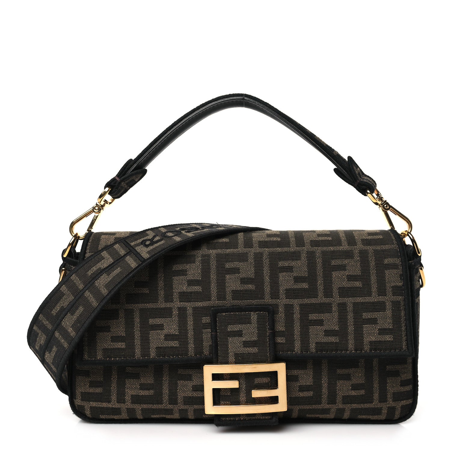 Fendi Fabric Jacquard FF 1974 Medium Baguette Tobacco Moro Black 1 of 9