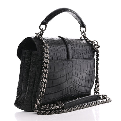 Saint Laurent Calfskin Crocodile Embossed College Monogram Satchel Black 3 of 12