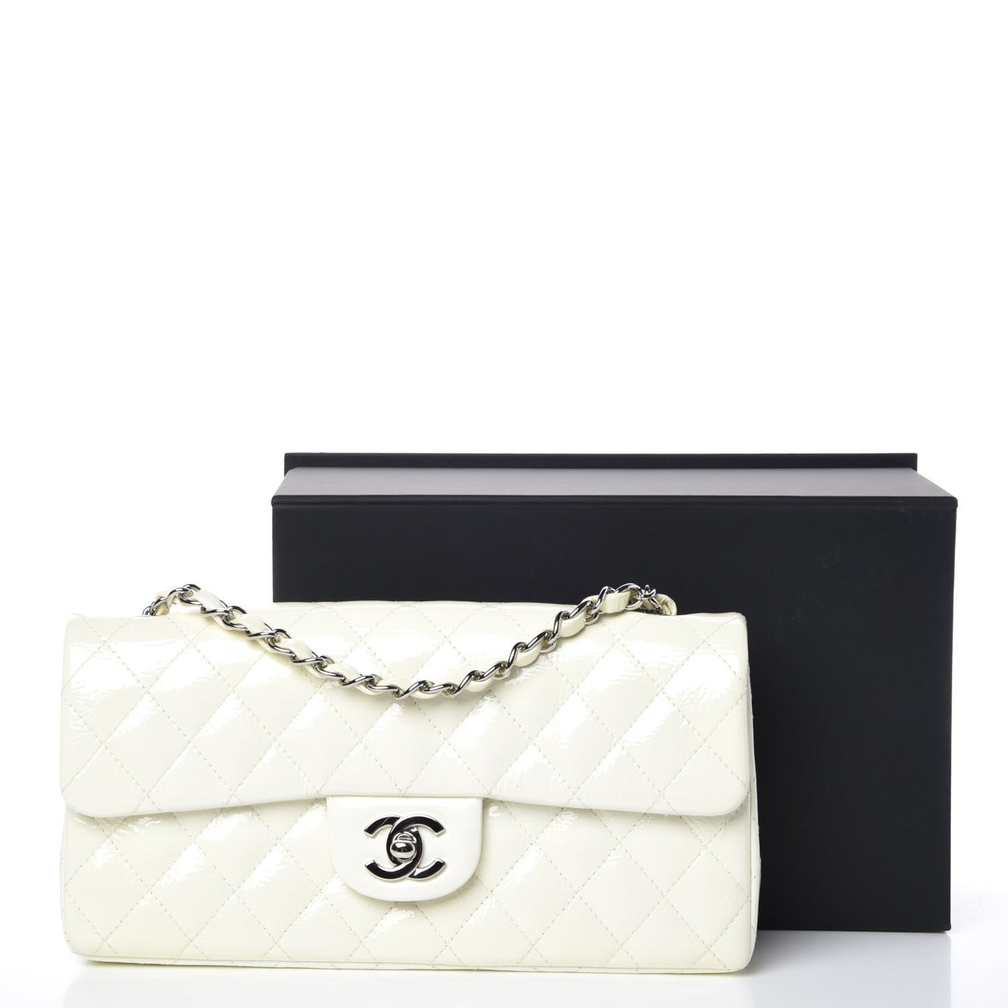 Distressed Patent Calfskin Quilted East West Flap White