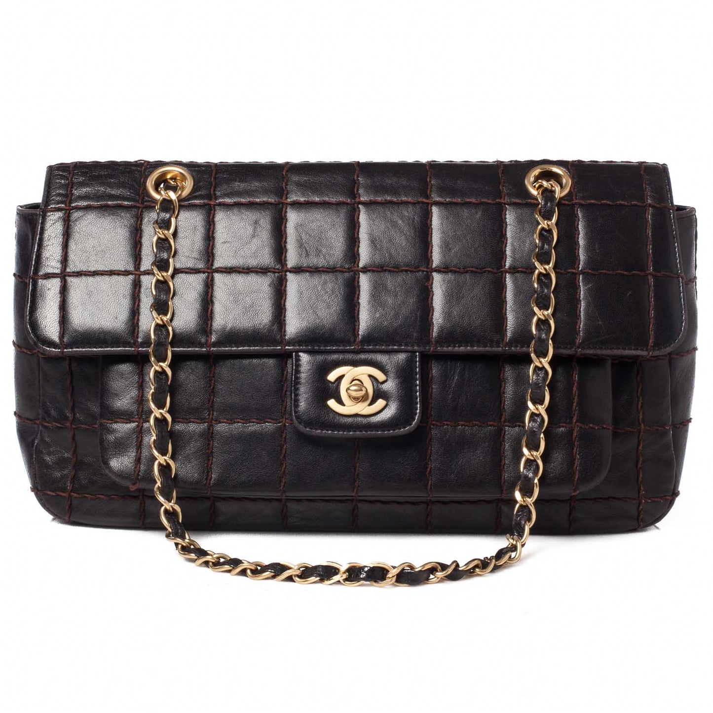 Lambskin Square Stitched Flap Brown