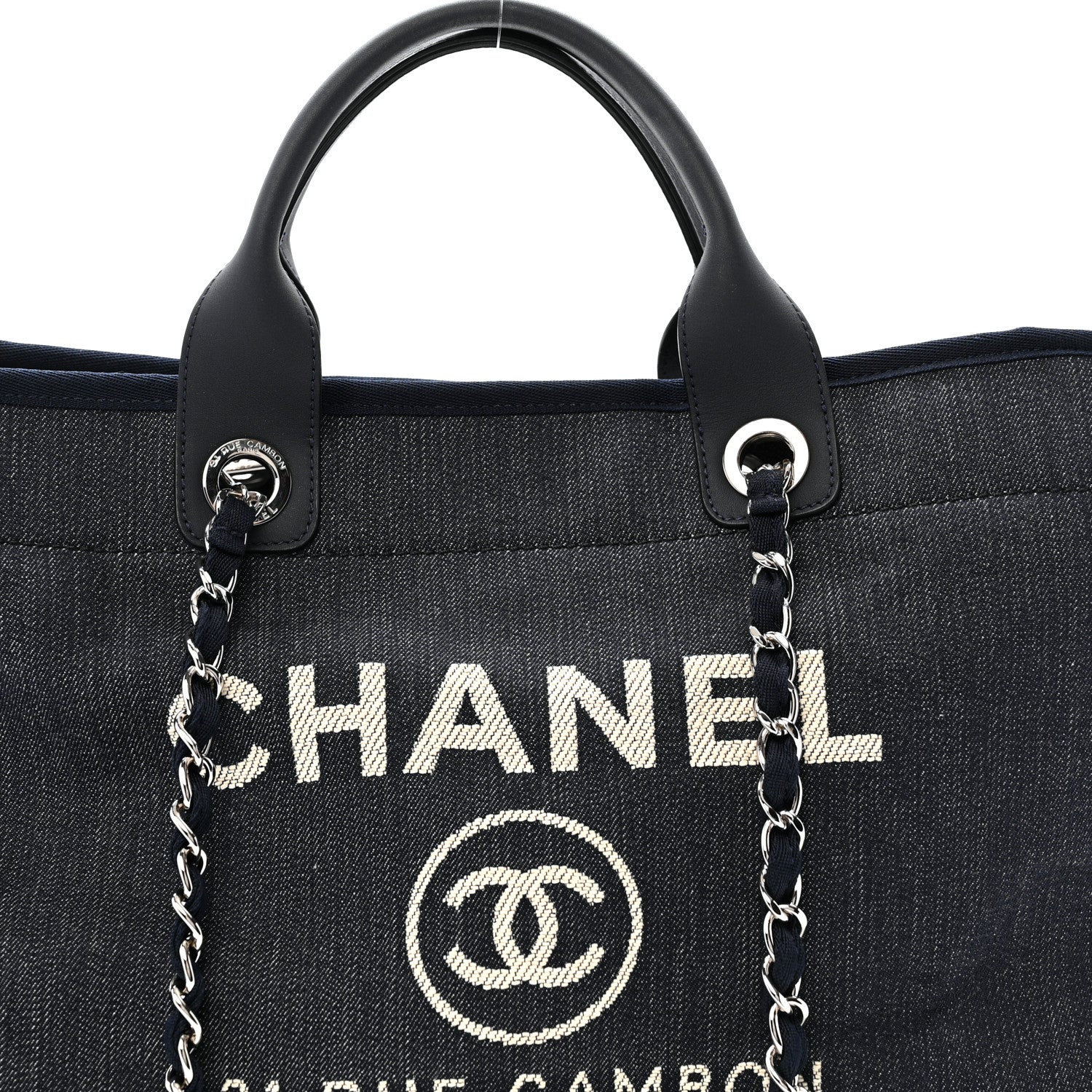 CHANEL ロゴ 総柄　デニムトートバッグ ノベルティ　タイムセール⏱️ Chanel Denim Large Deauville Tote Dark Blue 1860308 – FASHIONPHILE