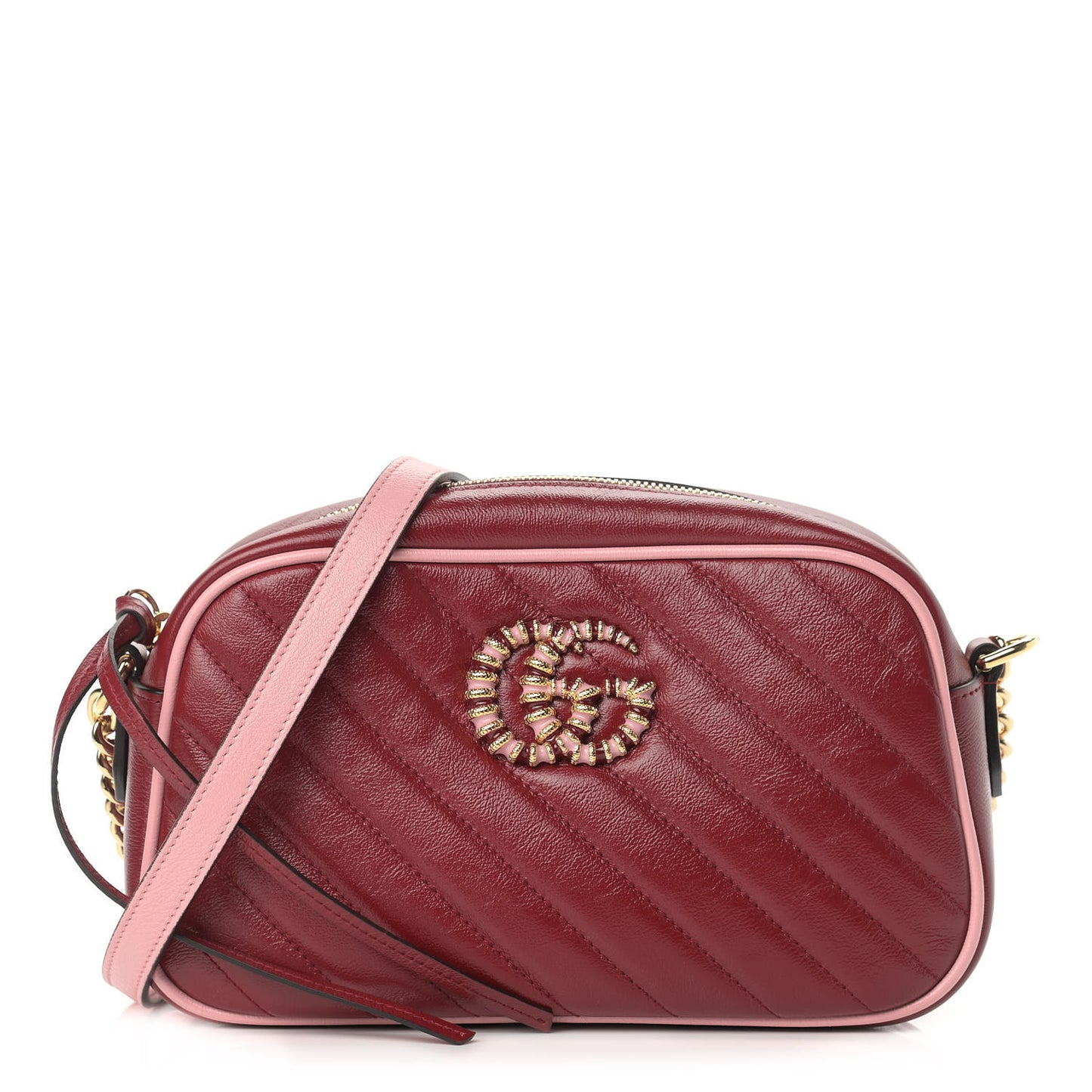 Azalea Calfskin Enamel Matelasse Diagonal Small Torchon GG Marmont Chain Shoulder Bag New Cherry Red Wild Rose