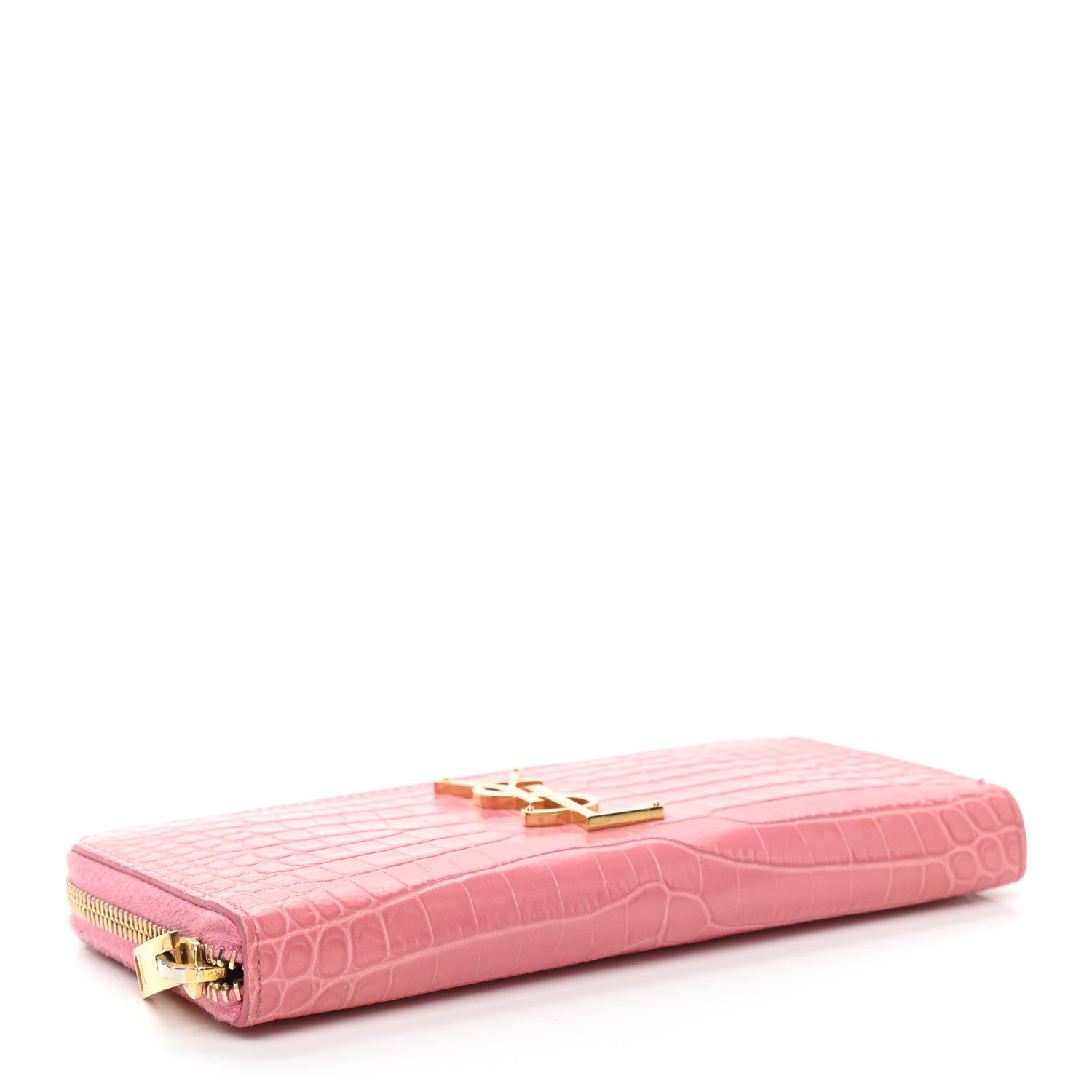 Saint Laurent Calfskin Crocodile Embossed Monogram Zip Around Wallet Pink 4 of 6