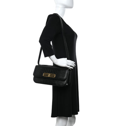 Balenciaga Extra Supple Calfskin Crocodile Embossed Gossip Wallet On Chain Black 2 of 10