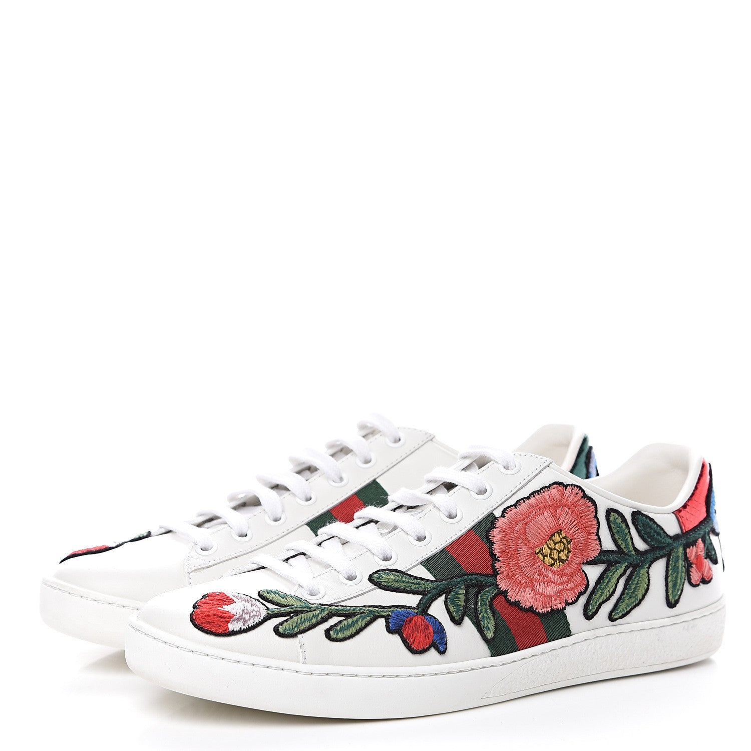Gucci Calfskin Web Floral Embroidered Womens Ace Sneakers 38.5 White 3 of 9