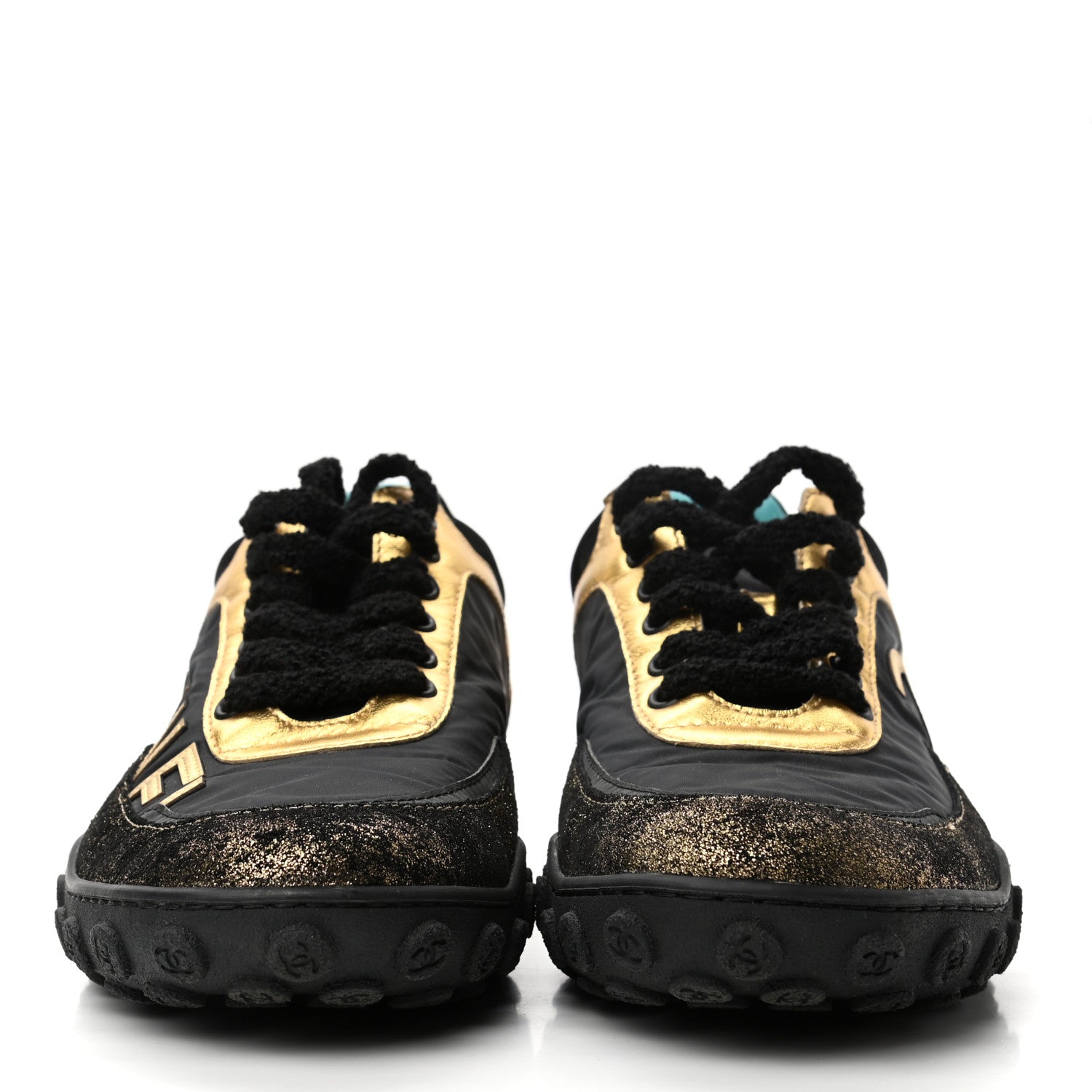Chanel Metallic Lambskin Satin Finish Womens CC Sneakers 37.5 Black Gold 2 of 8