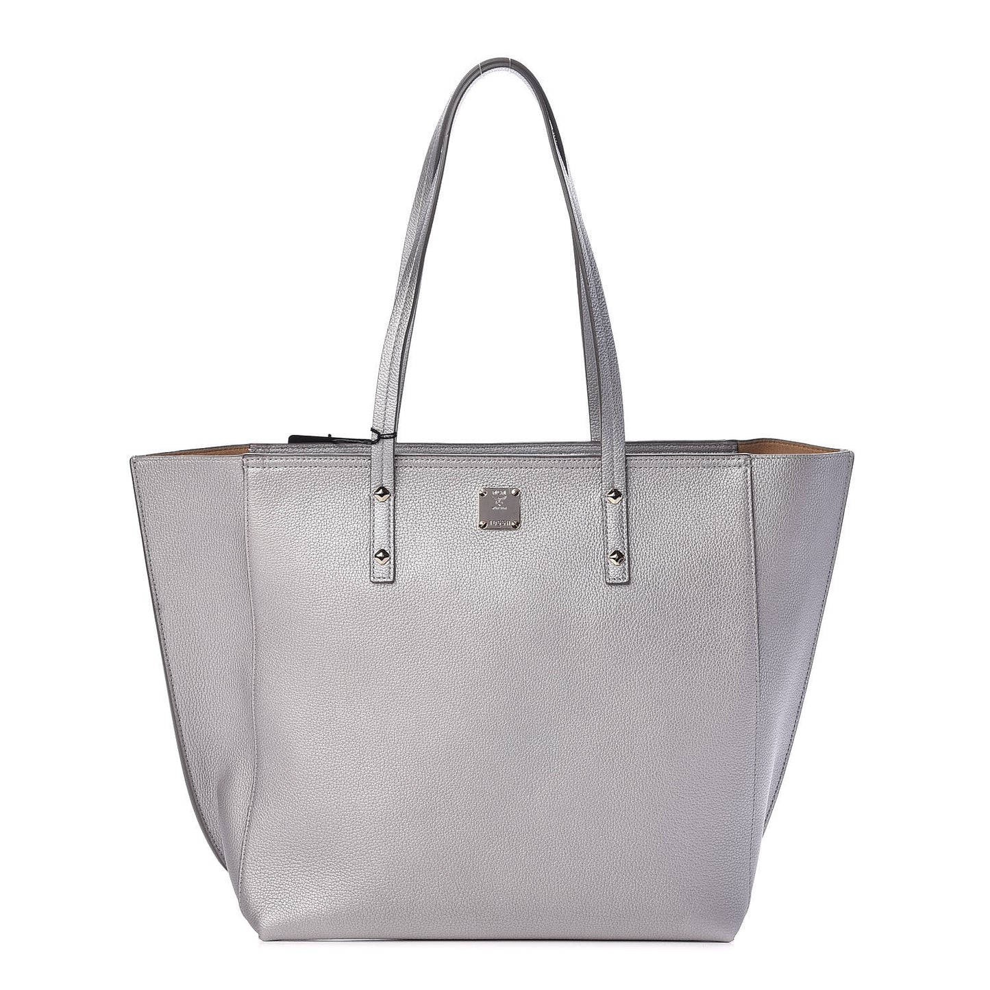 Metallic Grained Calfskin Medium Top Zip Tote Spike Silver