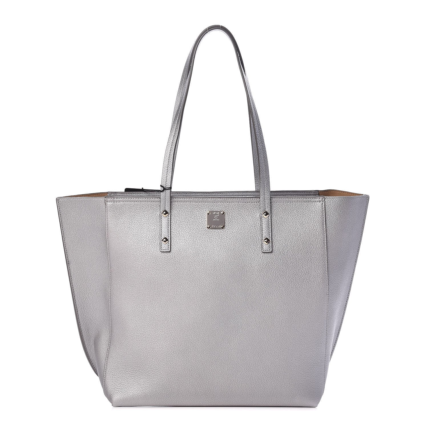 MCM Metallic Grained Calfskin Medium Top Zip Tote Spike Silver 1 of 9