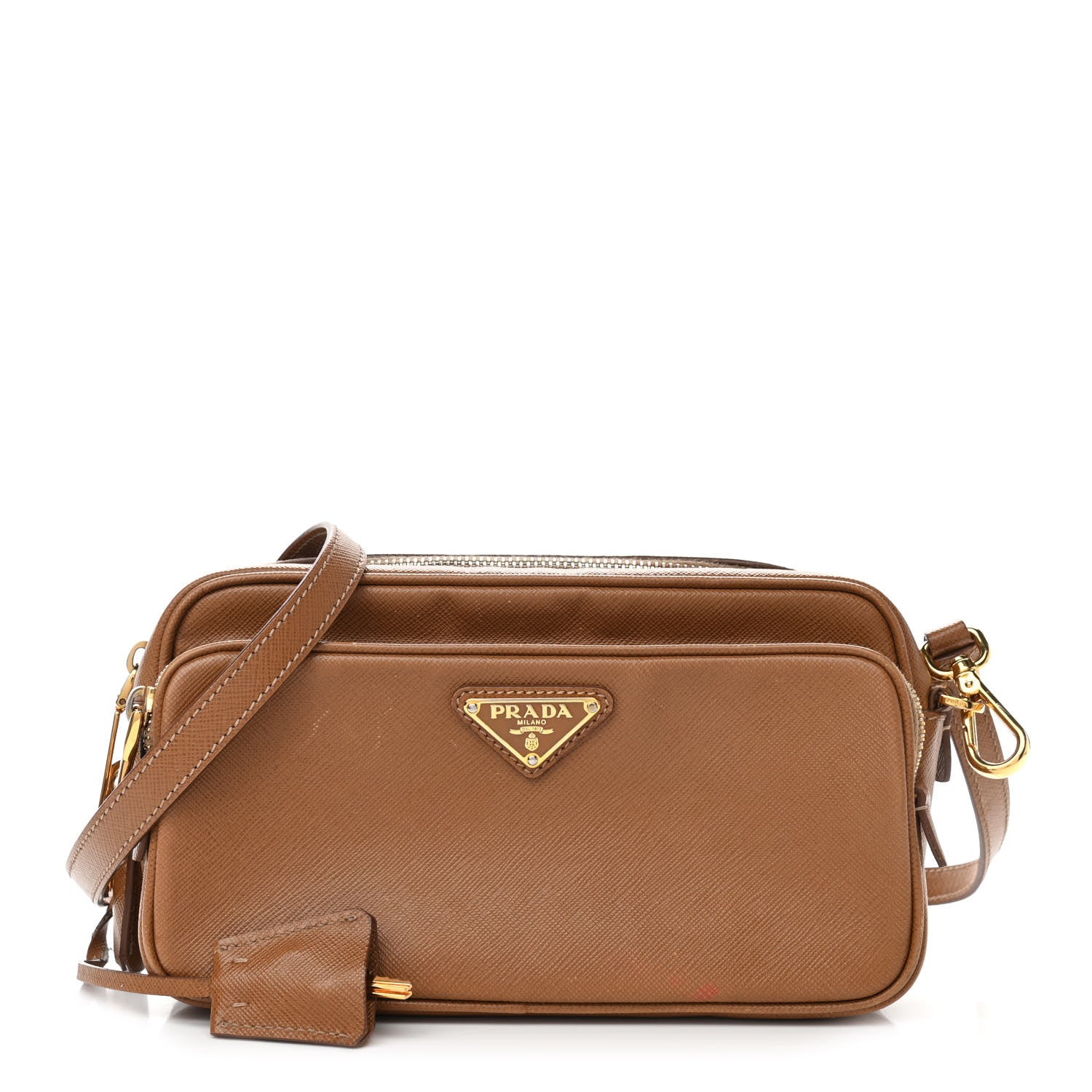 Prada Saffiano Lux Double Zip Crossbody Bag Caramel 1 of 13