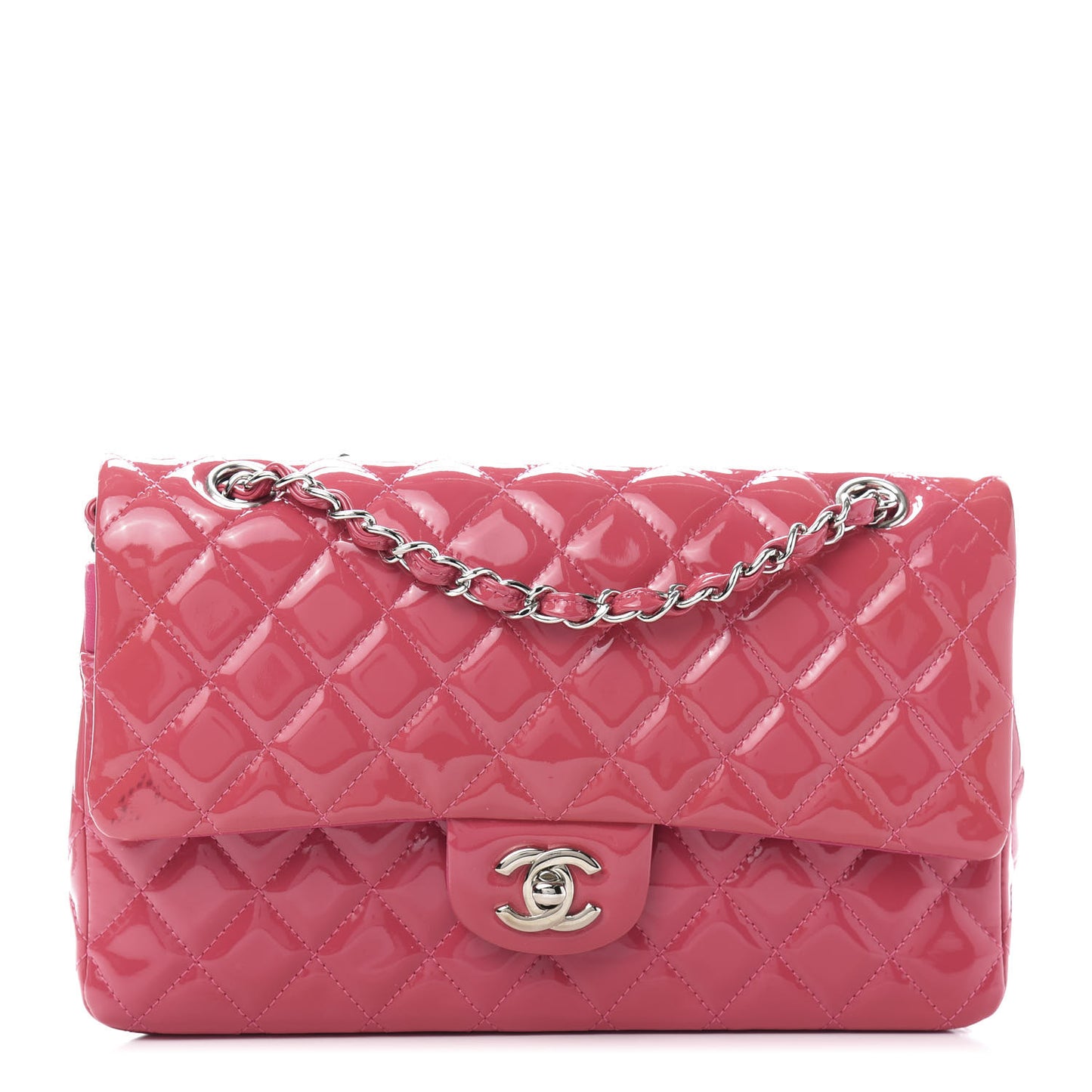 Patent Quilted Medium Double Flap Fuchsia