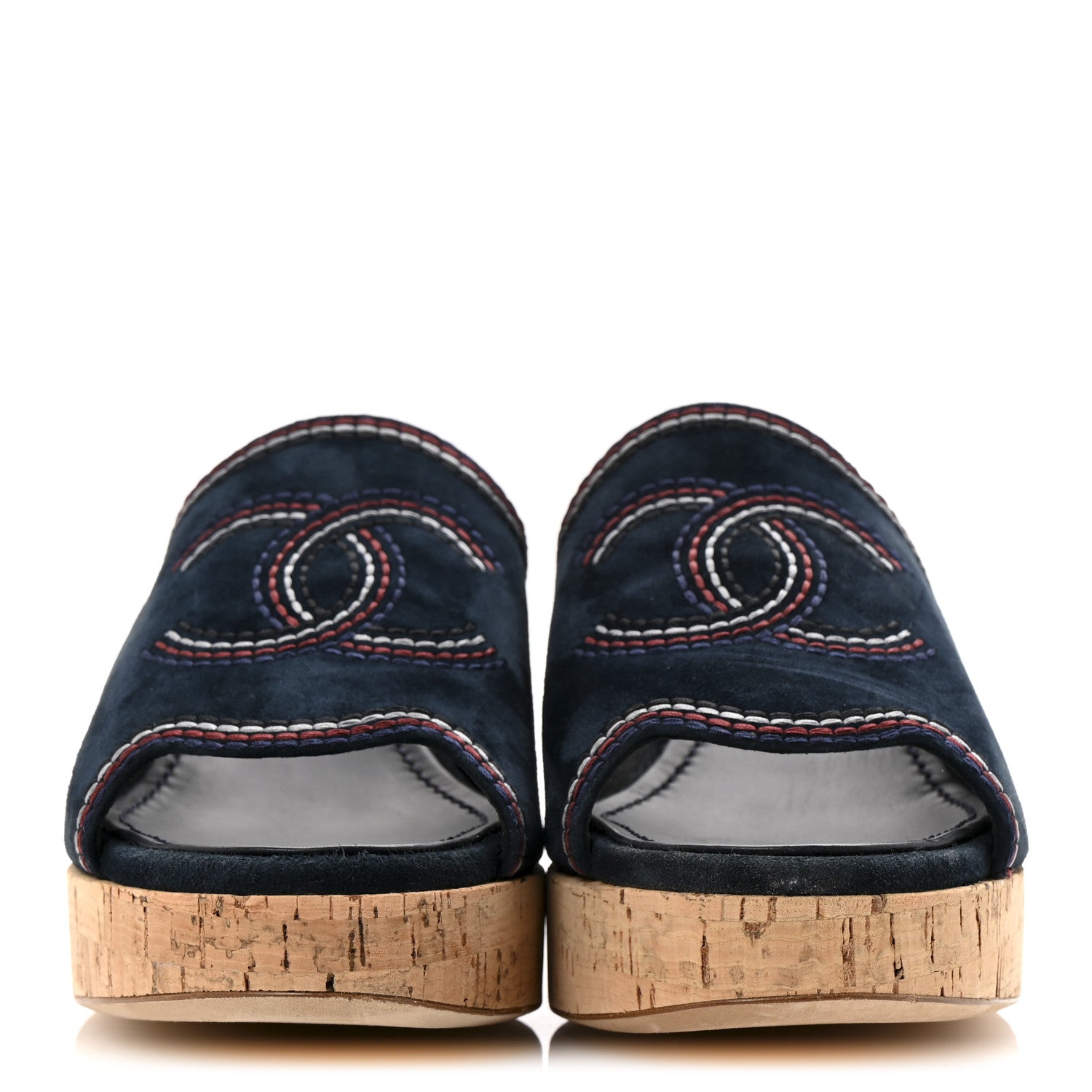 Chanel Suede Calfskin Cork CC Wedge Sandal 39 Navy Blue 3 of 10