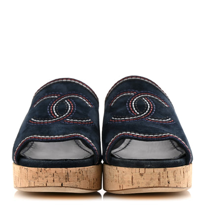 Chanel Suede Calfskin Cork CC Wedge Sandal 39 Navy Blue 3 of 10