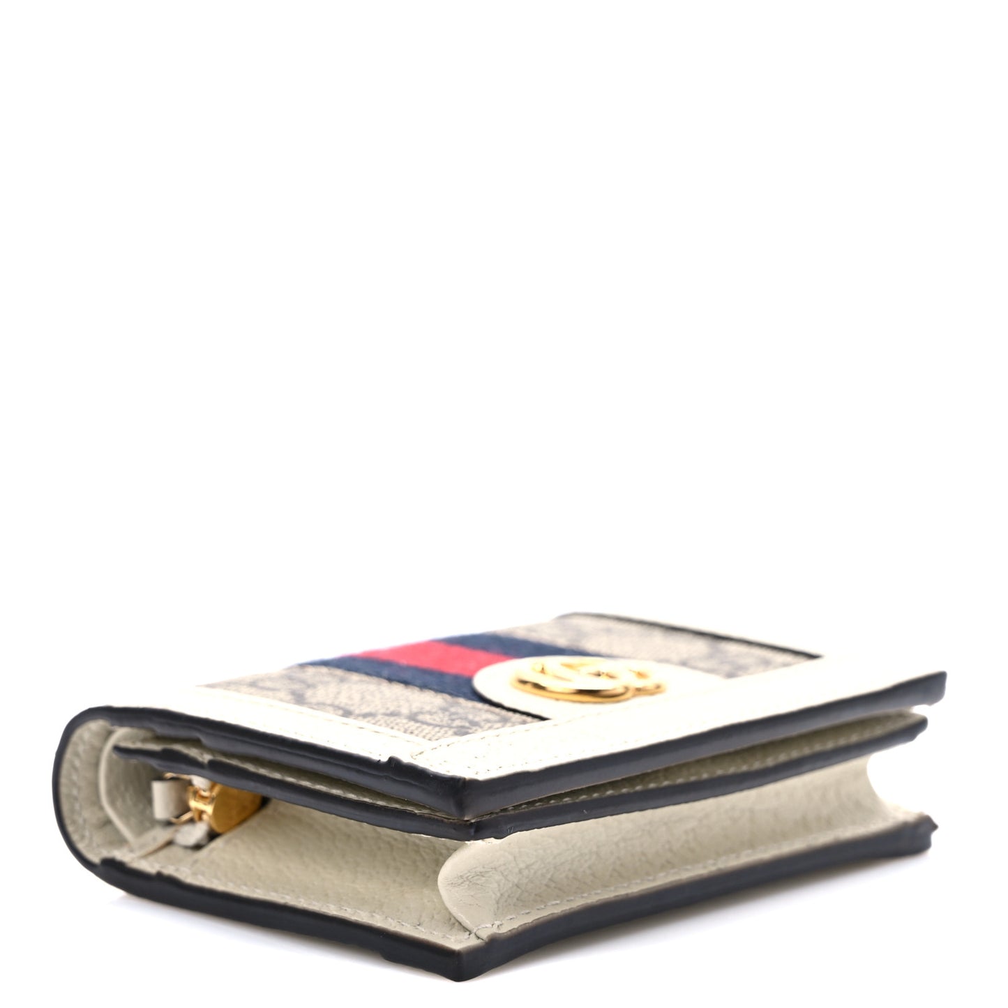 GG Supreme Monogram Textured Dollar Calfskin Web Ophidia Card Case Beige Ebony Mystic White