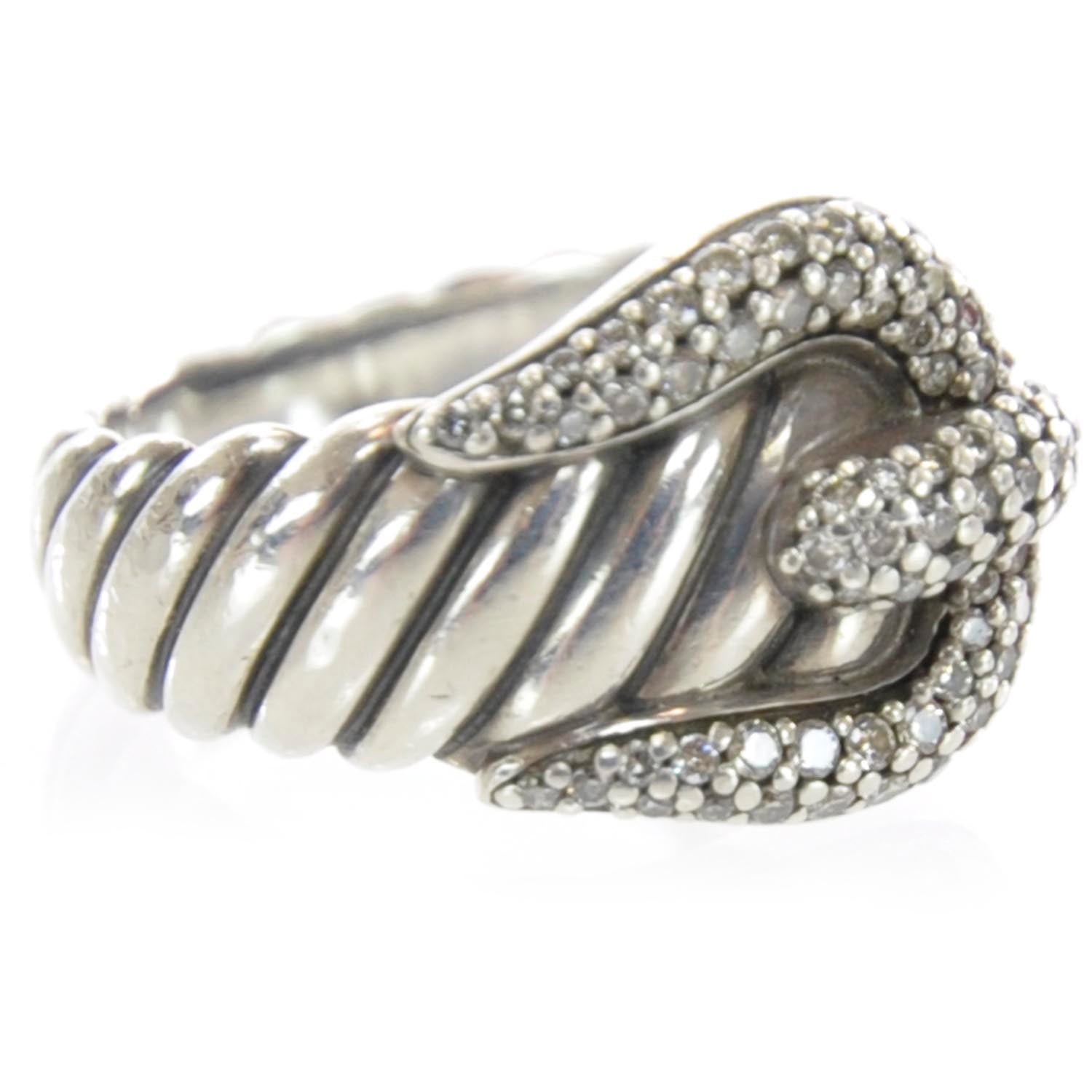 David Yurman Sterling Silver Pave Diamond Buckle Cable Ring 3 of 5