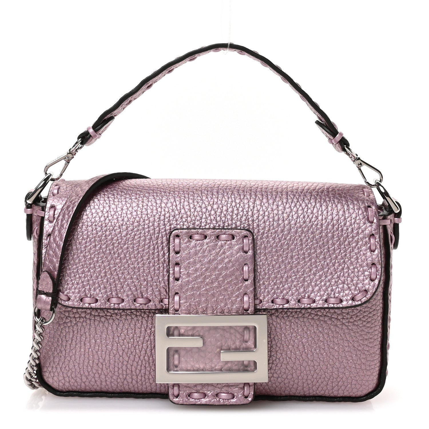 Fendi Metallic Cuoio Roma Sellerissima Nappa Sintetica Tape Stitch Mini Baguette Rosa Placca Argento 1 of 10