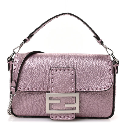 Fendi Metallic Cuoio Roma Sellerissima Nappa Sintetica Tape Stitch Mini Baguette Rosa Placca Argento 1 of 10