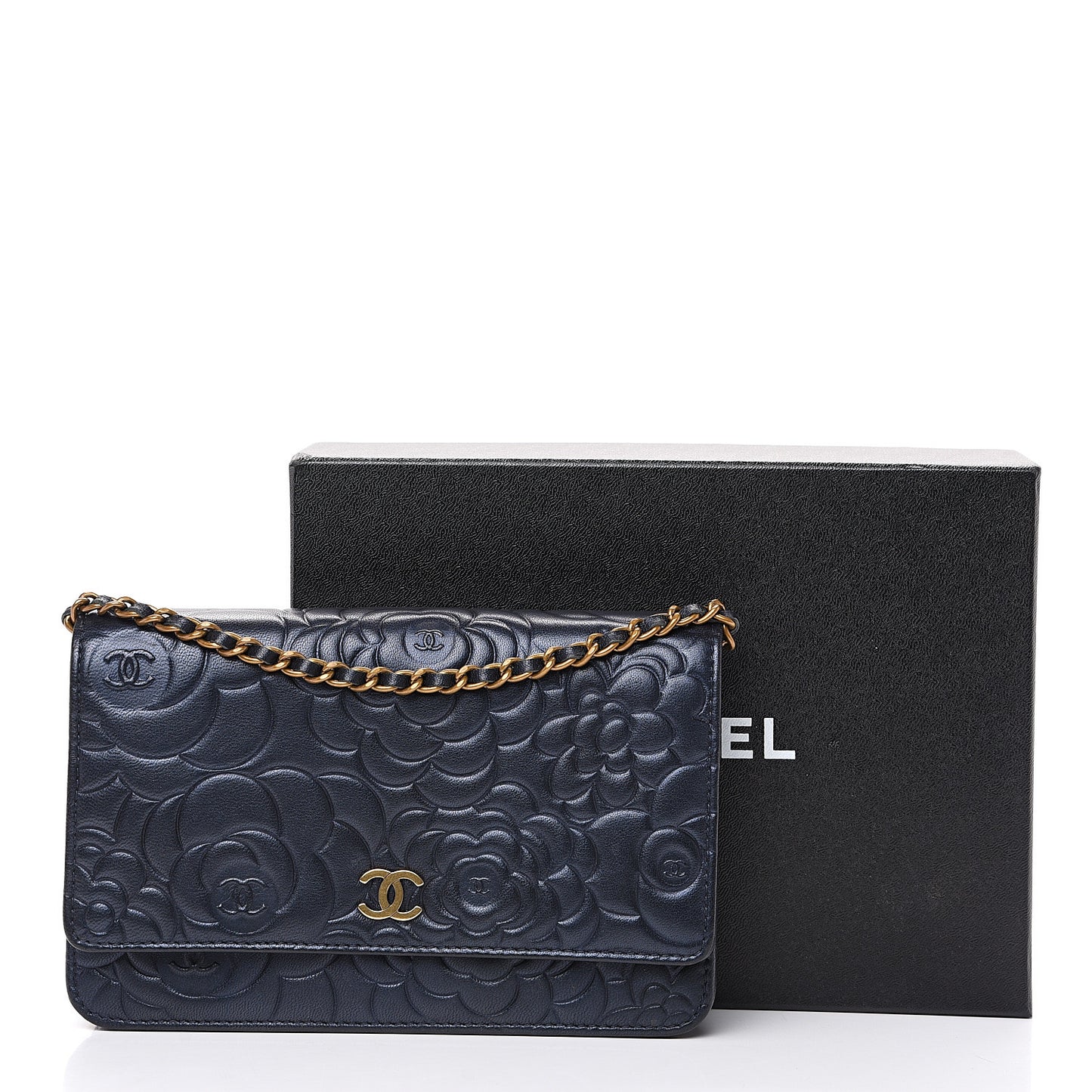 Goatskin Camellia Embossed Wallet On Chain WOC Navy