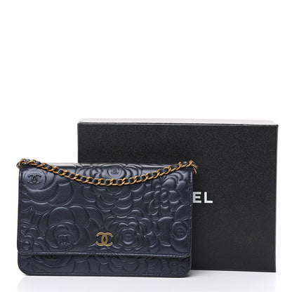 Chanel Goatskin Camellia Embossed Wallet On Chain WOC Navy 11 of 11