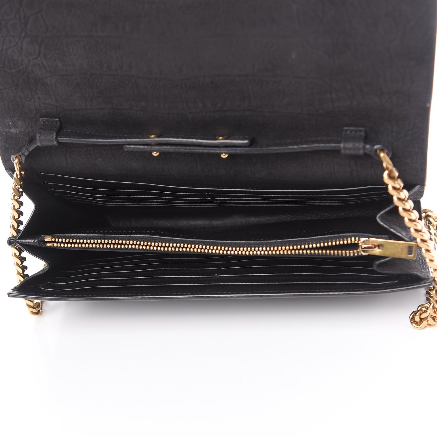 Crocodile Embossed Nubuck Monogram Chain Wallet in Black