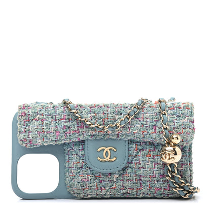 Chanel Tweed Quilted iPhone XII Pro Case With Chain Turquoise Purple White Red 1 of 14