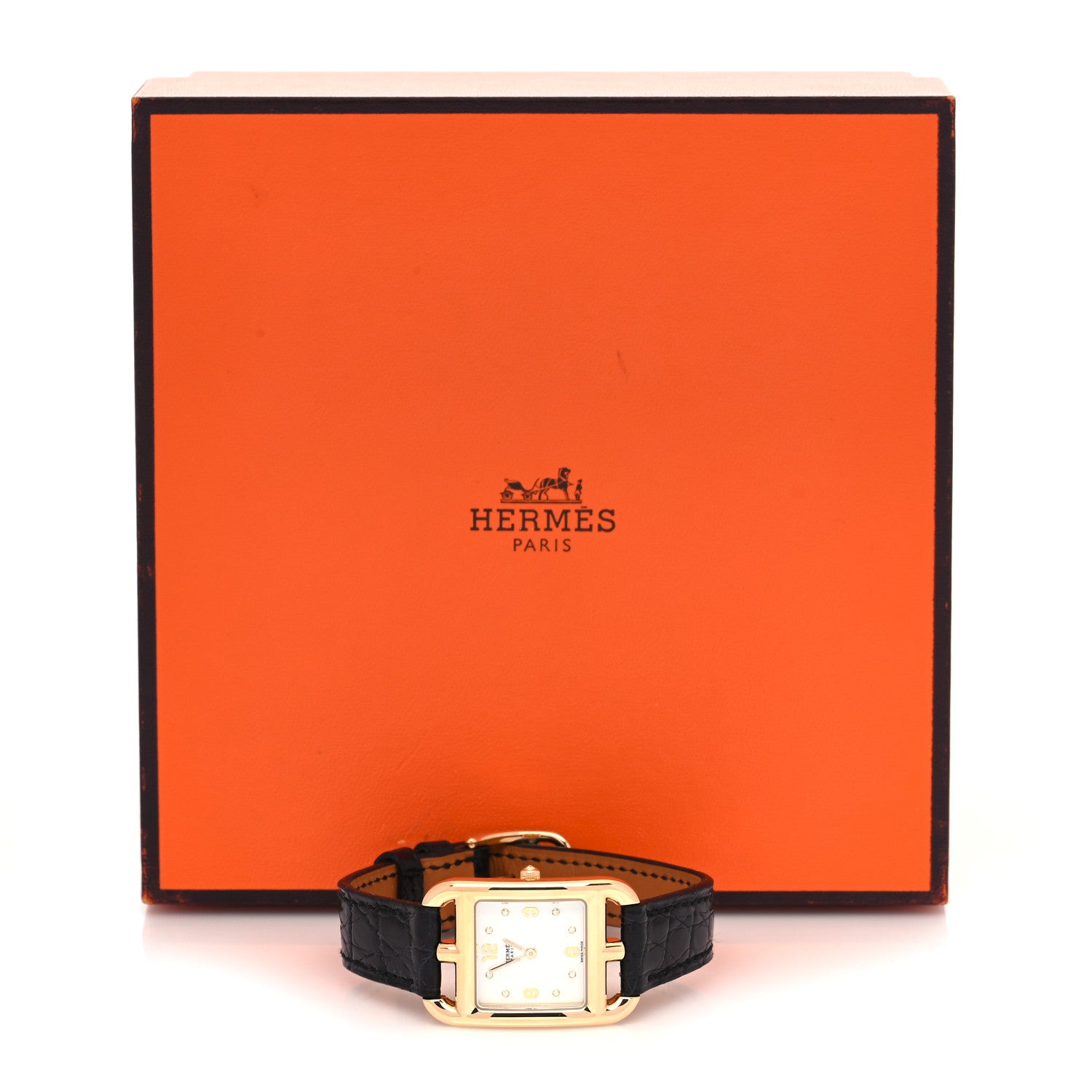 Hermes 18K Yellow Gold Alligator Diamond Mother of Pearl 23mm Cape Cod Quartz Watch Noir 5 of 5