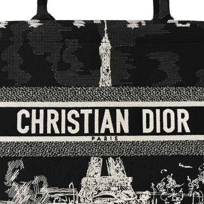 Christian Dior Canvas Embroidered Medium Paris Book Tote Black White 7 of 9