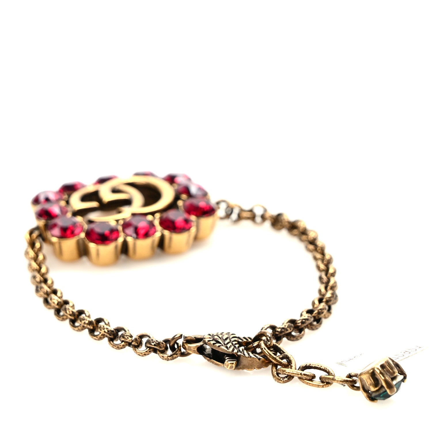 Gucci Oxidized Metal Crystal Double G Bracelet Aged Gold Red 3 of 4