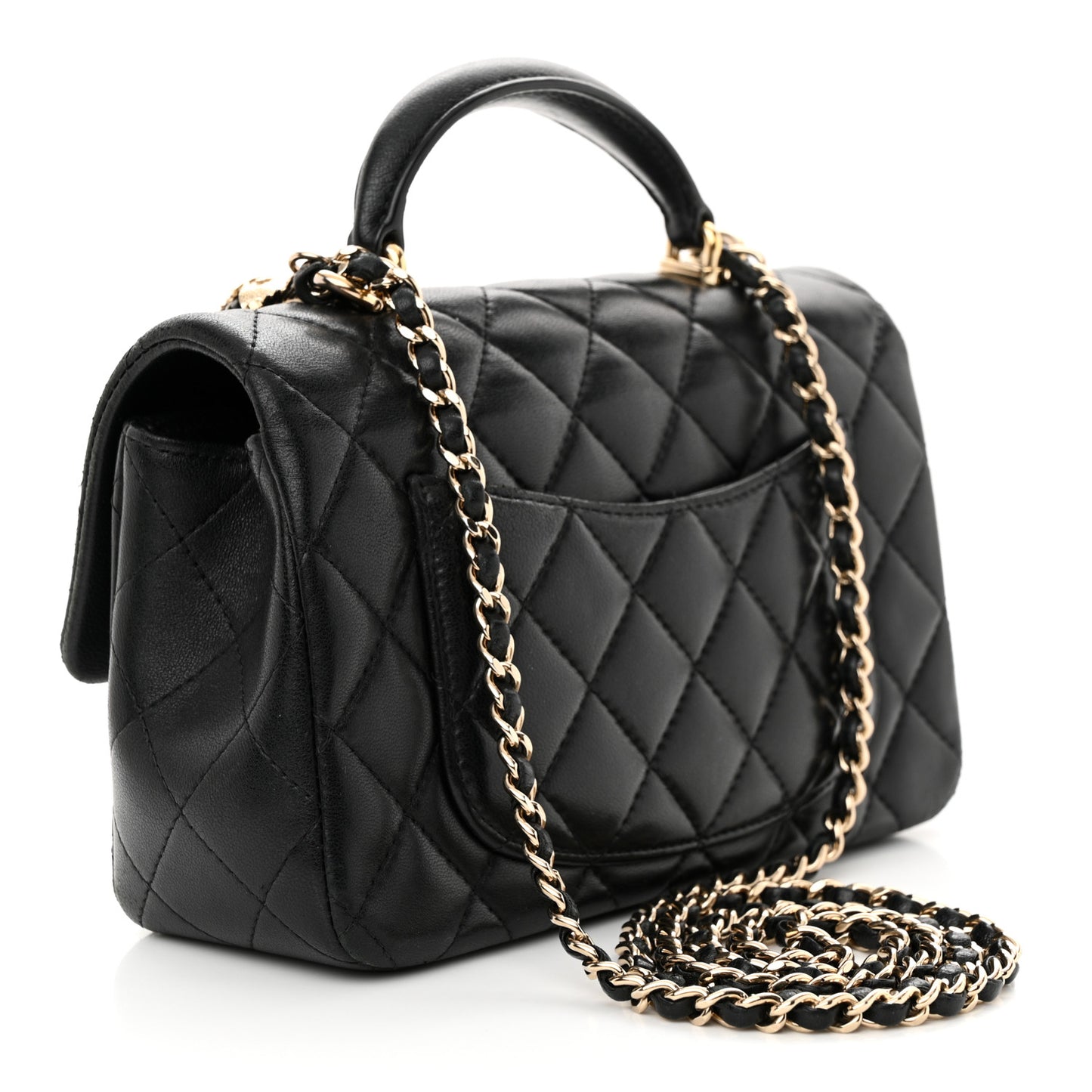 Lambskin Quilted Mini Lion Charm Top Handle Rectangular Flap Black