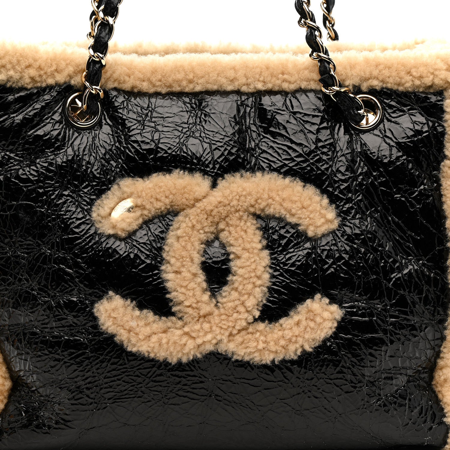 Chanel Shiny Crumpled Sheepskin Shearling CC Mania Tote Bag Black Beige 8 of 11