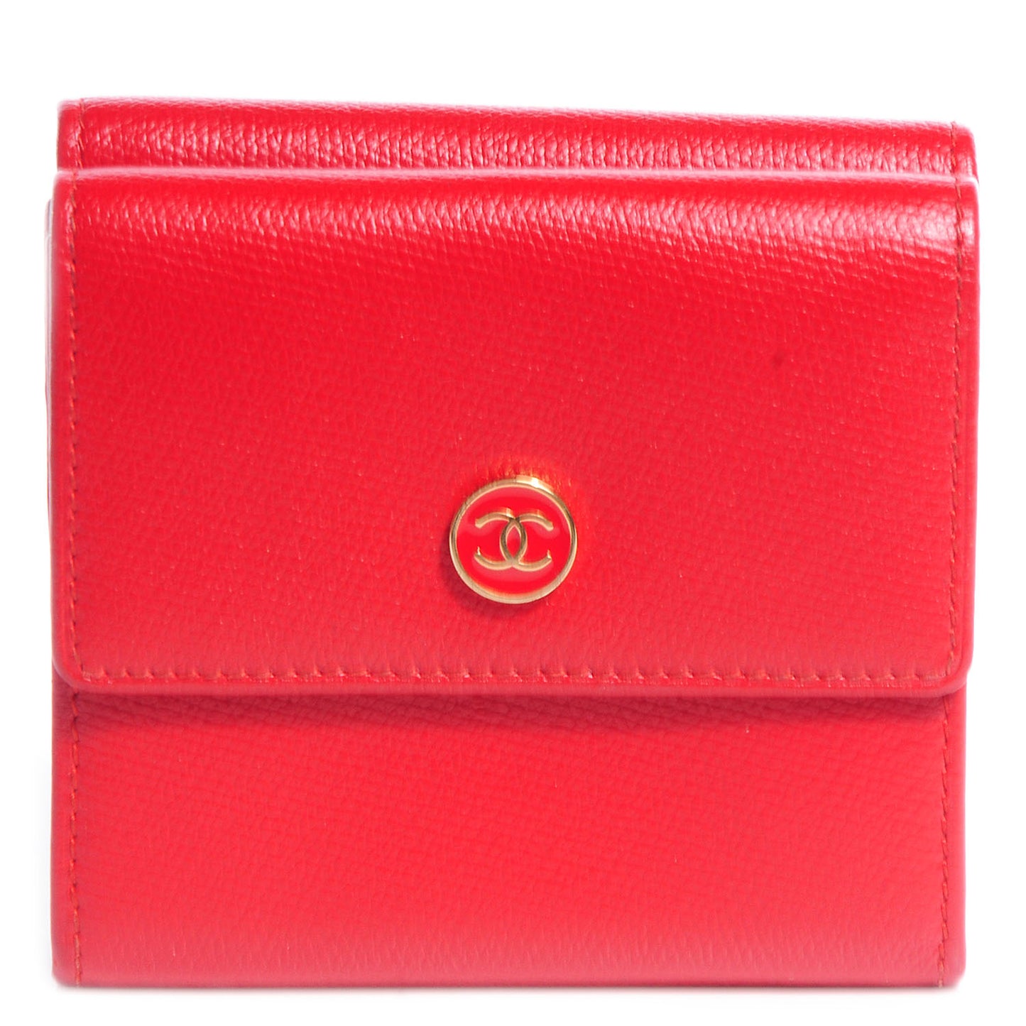Leather CC Button Compact Wallet Red